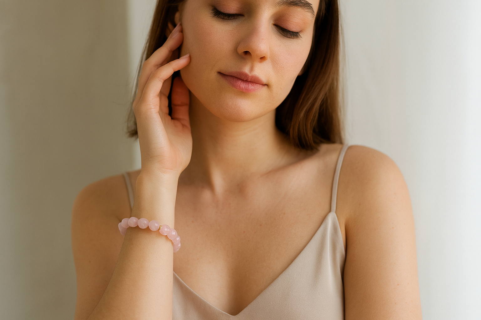 Woman wearing a Rose Quartz Bracelet pink bracelet on a neutral background