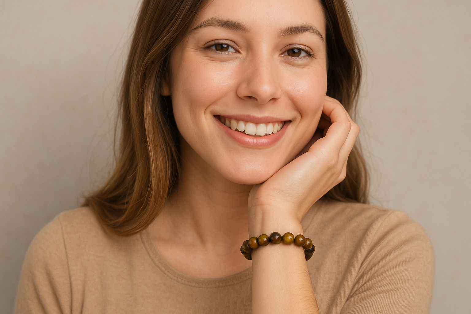 Woman with a smile wearing a Tiger's Eye Bracelet